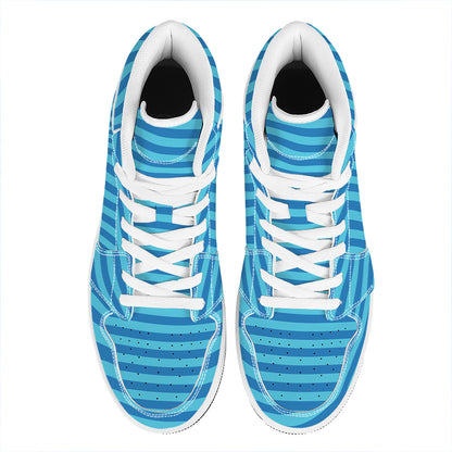 Blue Striped Pattern Print High Top Leather Sneakers
