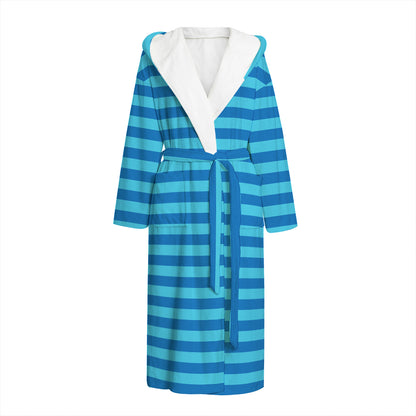 Blue Striped Pattern Print Hooded Bathrobe