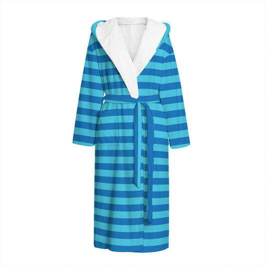 Blue Striped Pattern Print Hooded Bathrobe