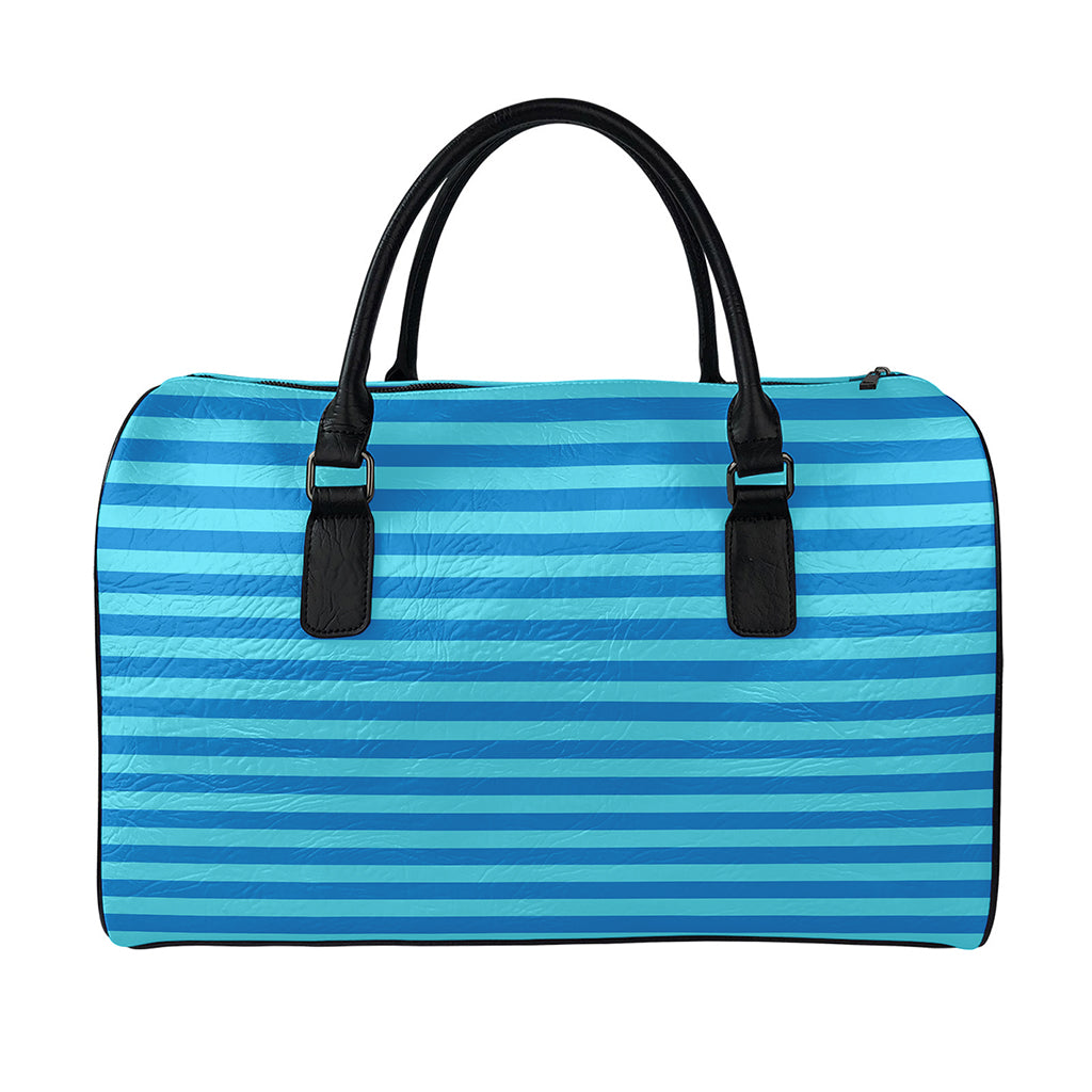 Blue Striped Pattern Print Leather Duffle Bag