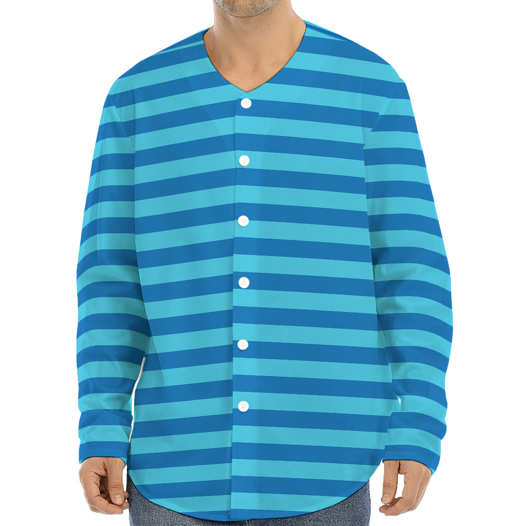 Blue Striped Pattern Print Long Sleeve Baseball Jersey