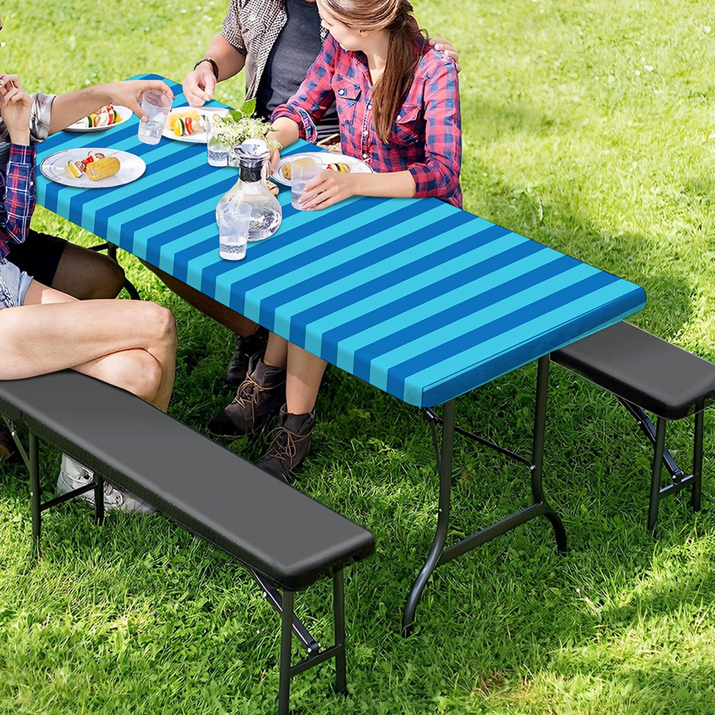 Blue Striped Pattern Print Picnic Table Cover