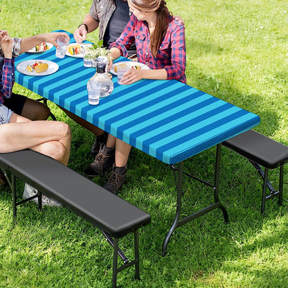 Blue Striped Pattern Print Picnic Table Cover