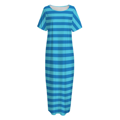 Blue Striped Pattern Print Short Sleeve Long Nightdress
