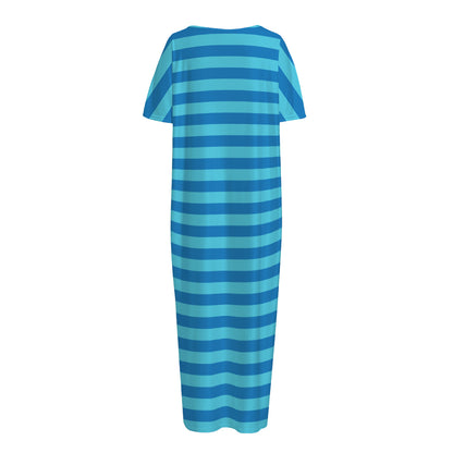 Blue Striped Pattern Print Short Sleeve Long Nightdress