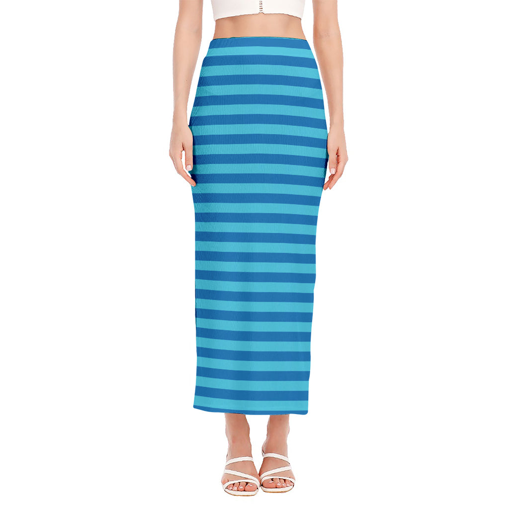 Blue Striped Pattern Print Side Slit Maxi Skirt