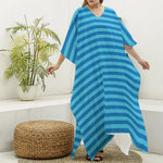 Blue Striped Pattern Print Silk V-Neck Kaftan Dress
