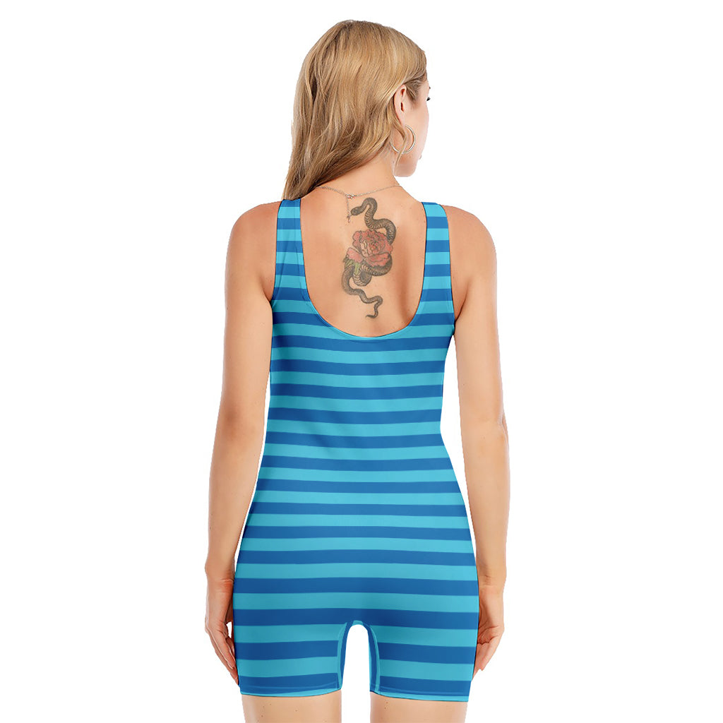 Blue Striped Pattern Print Sleeveless One Piece Swimsuit
