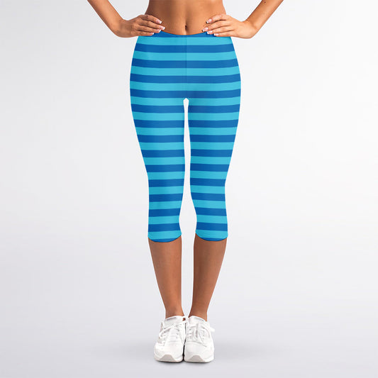 Blue Striped Pattern Print Women's Capri Leggings