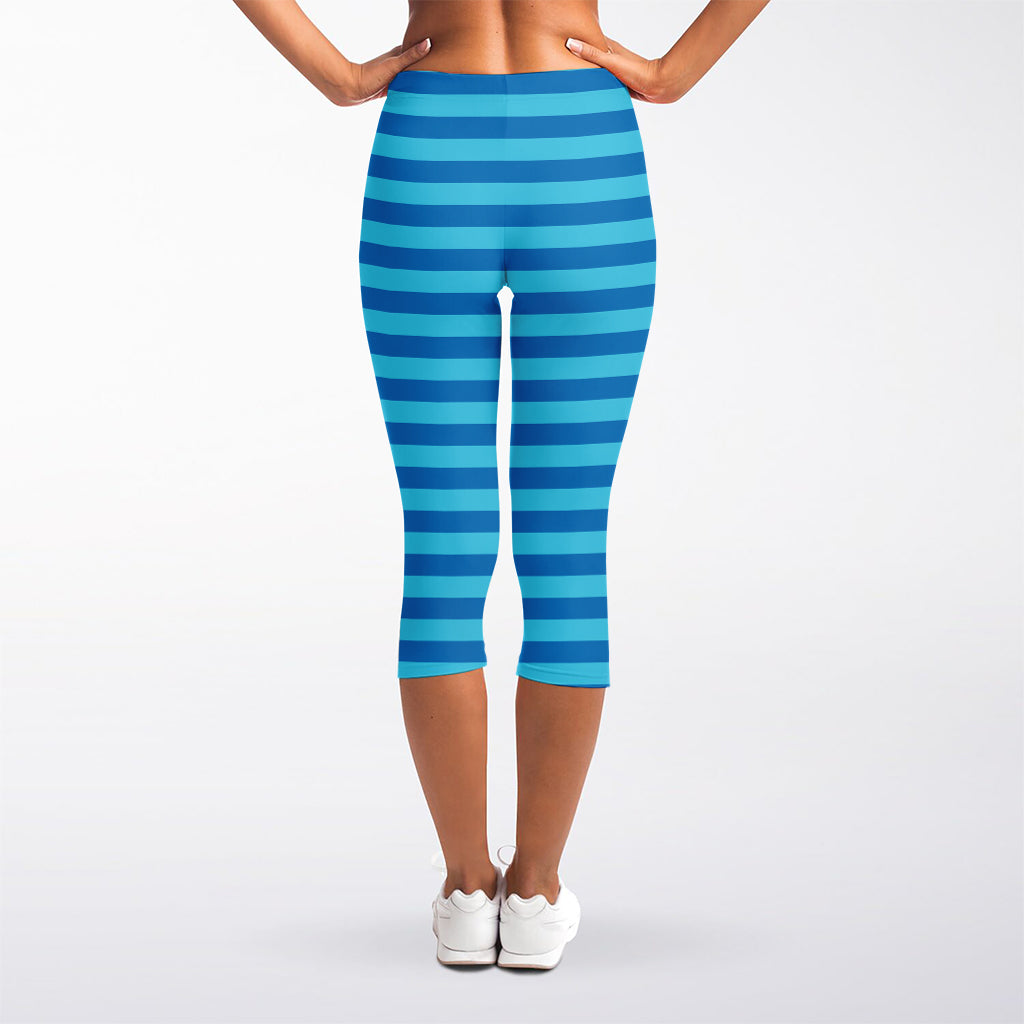 Blue Striped Pattern Print Women's Capri Leggings