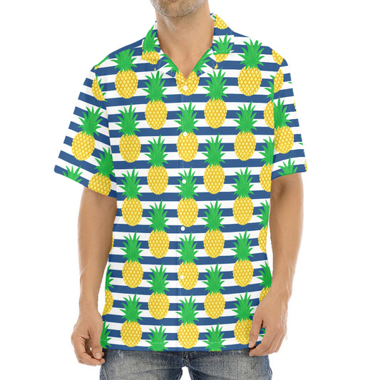 Blue Striped Pineapple Pattern Print Aloha Shirt
