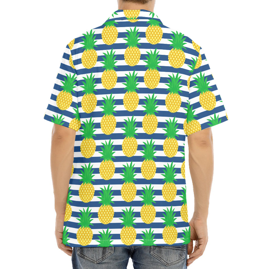 Blue Striped Pineapple Pattern Print Aloha Shirt