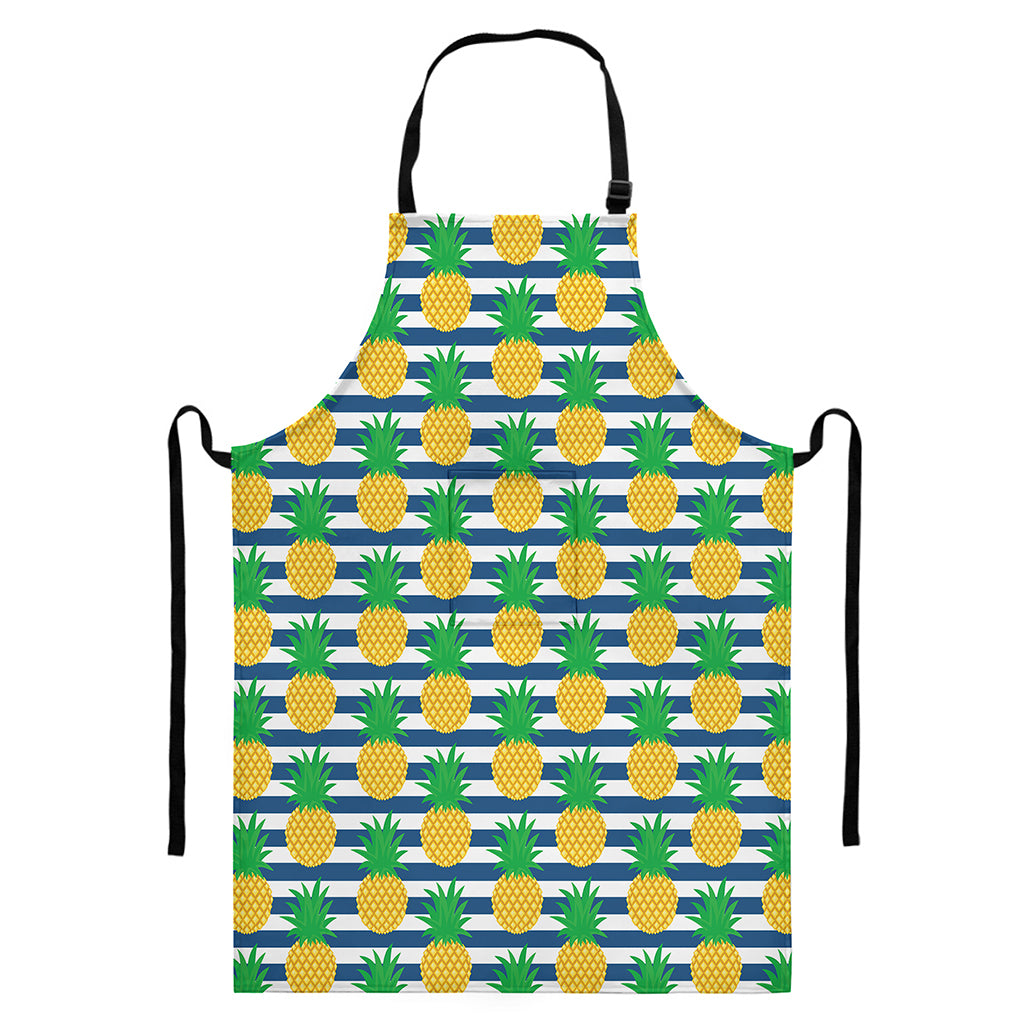 Blue Striped Pineapple Pattern Print Bib Apron With Pocket