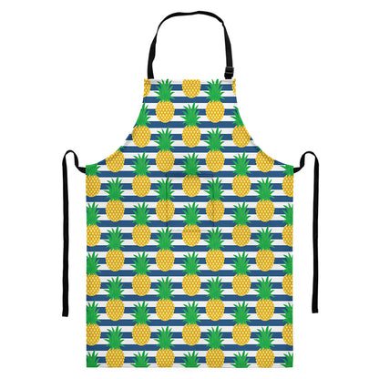 Blue Striped Pineapple Pattern Print Bib Apron With Pocket