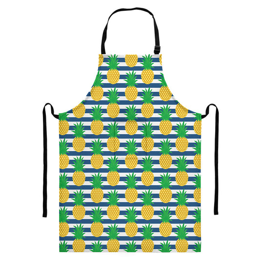 Blue Striped Pineapple Pattern Print Bib Apron With Pocket