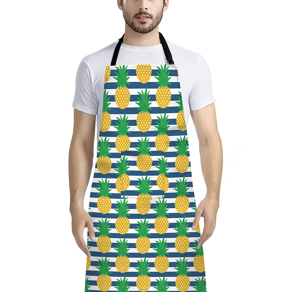 Blue Striped Pineapple Pattern Print Bib Apron With Pocket