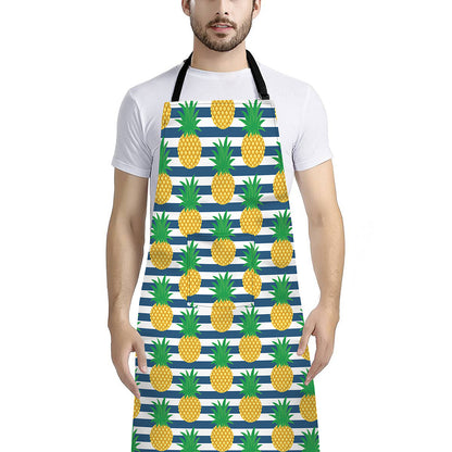Blue Striped Pineapple Pattern Print Bib Apron With Pocket
