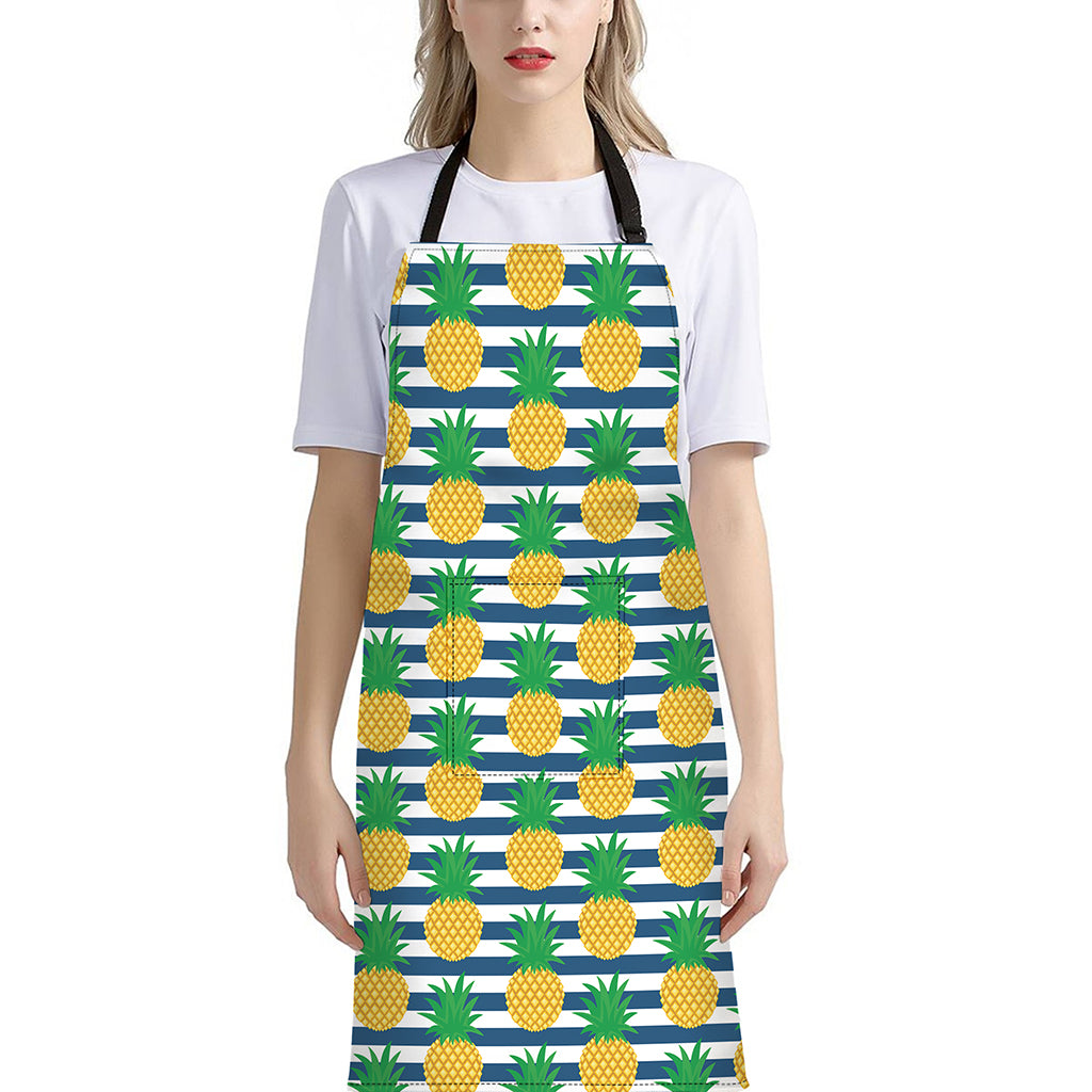 Blue Striped Pineapple Pattern Print Bib Apron With Pocket
