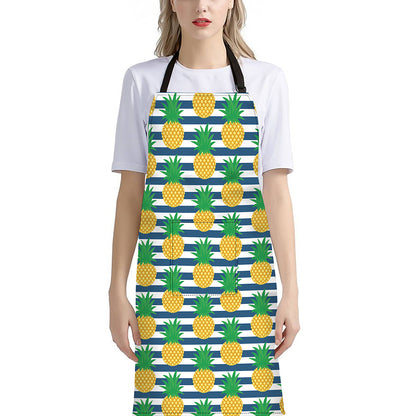 Blue Striped Pineapple Pattern Print Bib Apron With Pocket