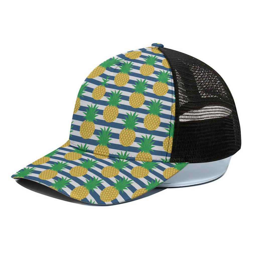 Blue Striped Pineapple Pattern Print Black Mesh Trucker Cap