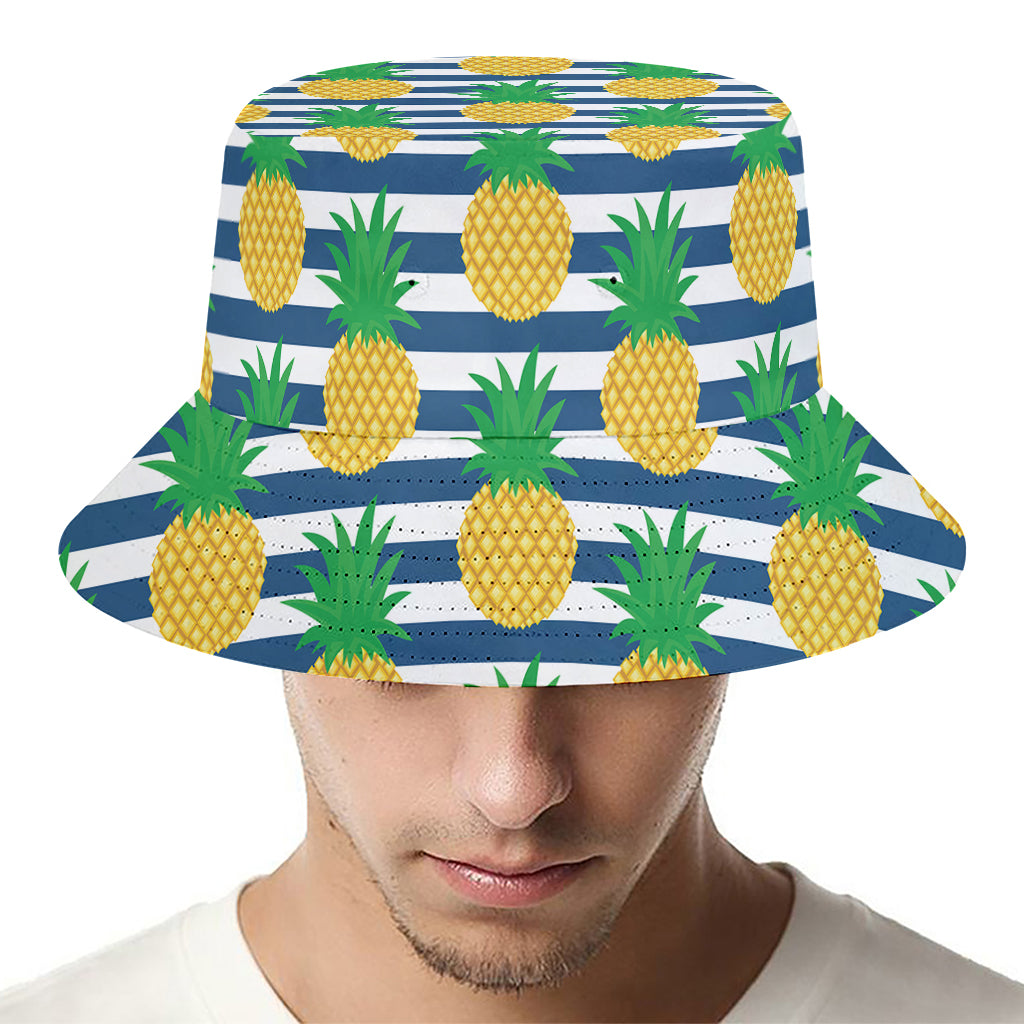 Blue Striped Pineapple Pattern Print Bucket Hat