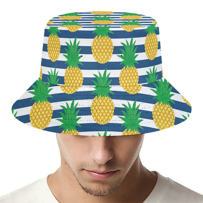 Blue Striped Pineapple Pattern Print Bucket Hat