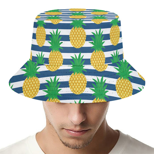 Blue Striped Pineapple Pattern Print Bucket Hat