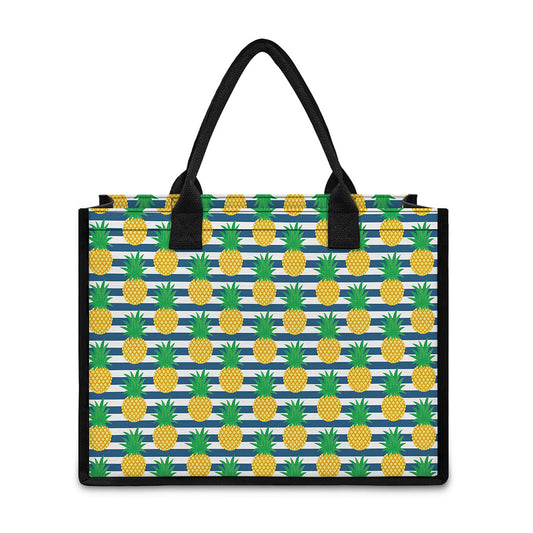 Blue Striped Pineapple Pattern Print Canvas Tote Bag