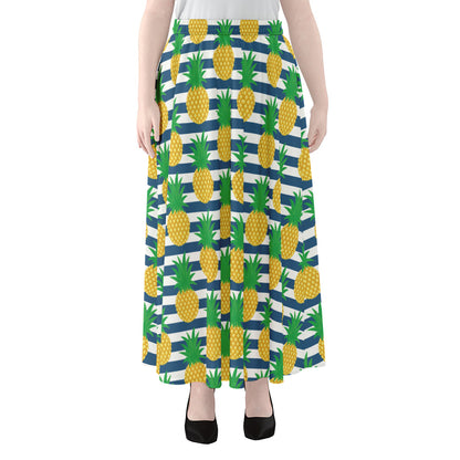 Blue Striped Pineapple Pattern Print Chiffon Maxi Skirt
