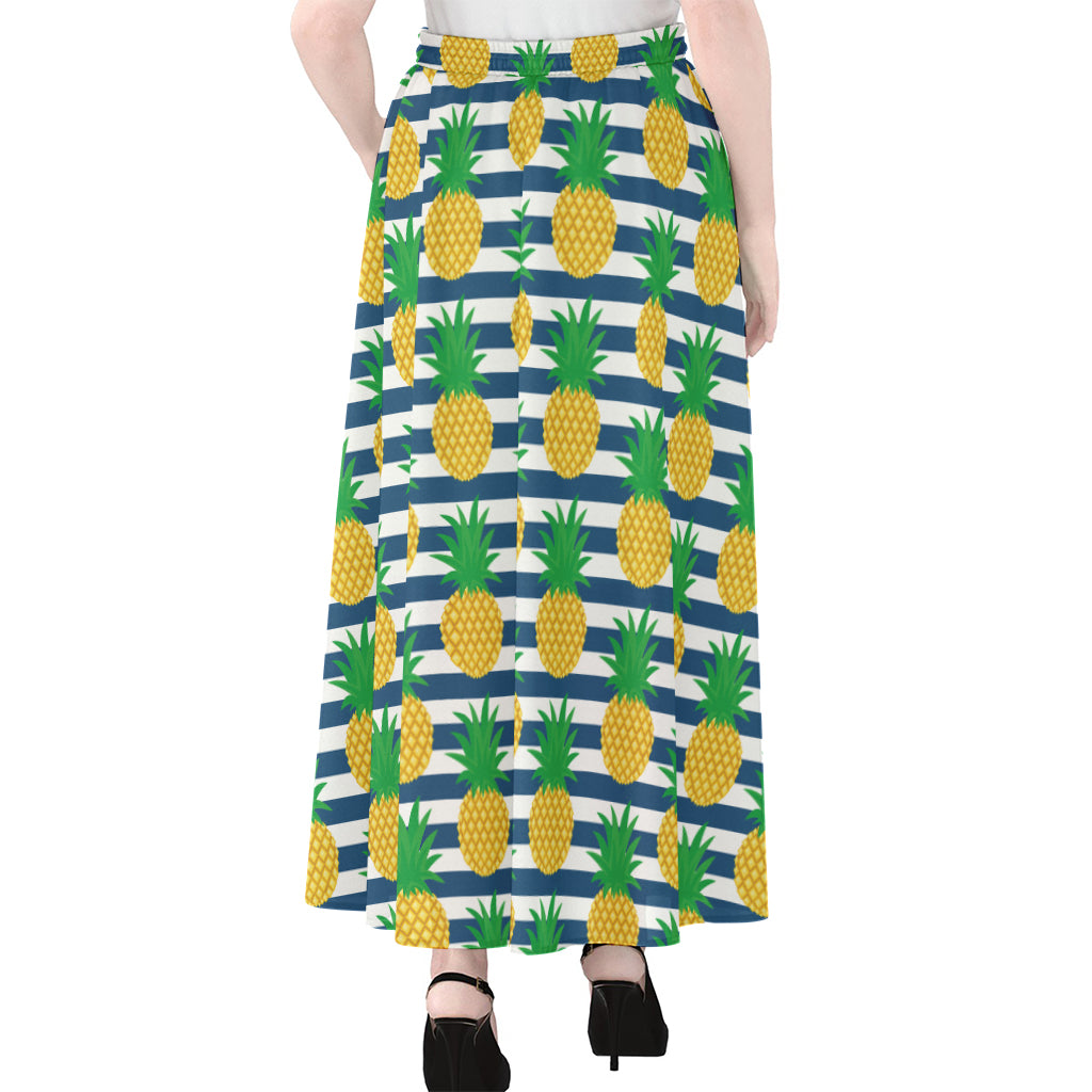 Blue Striped Pineapple Pattern Print Chiffon Maxi Skirt