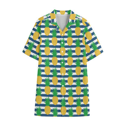Blue Striped Pineapple Pattern Print Cotton Hawaiian Shirt