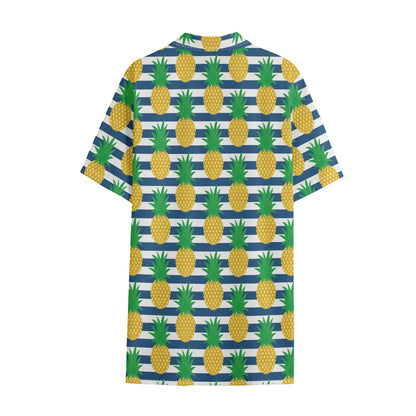 Blue Striped Pineapple Pattern Print Cotton Hawaiian Shirt