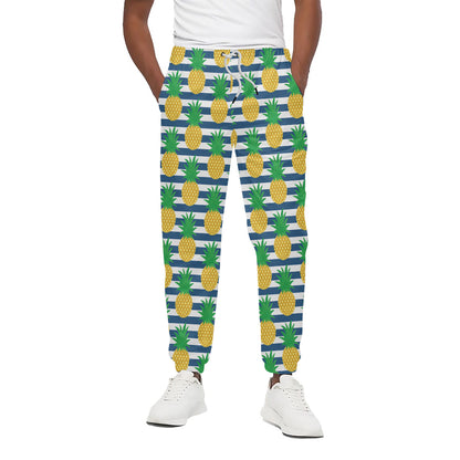 Blue Striped Pineapple Pattern Print Cotton Pants