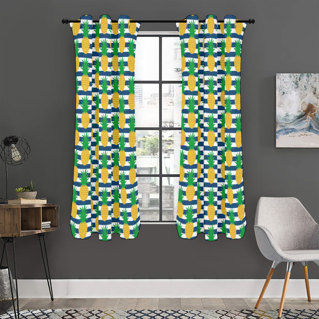 Blue Striped Pineapple Pattern Print Curtain