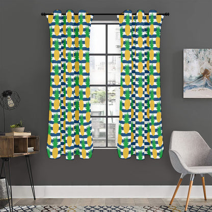 Blue Striped Pineapple Pattern Print Curtain