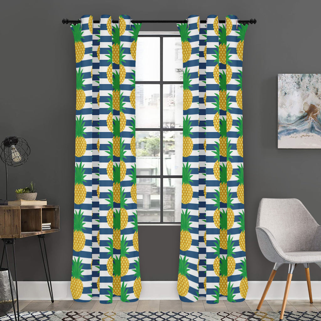 Blue Striped Pineapple Pattern Print Curtain