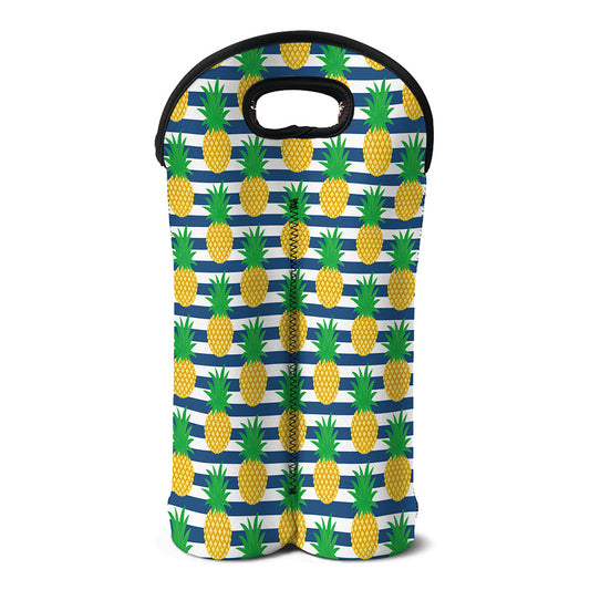 Blue Striped Pineapple Pattern Print Double Neoprene Wine Tote