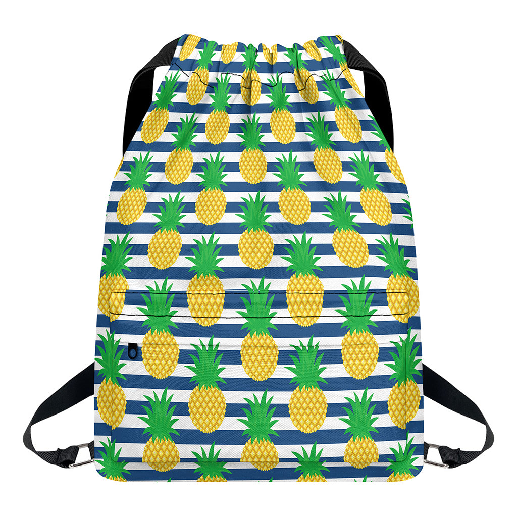 Blue Striped Pineapple Pattern Print Drawstring Backpack