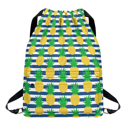 Blue Striped Pineapple Pattern Print Drawstring Backpack