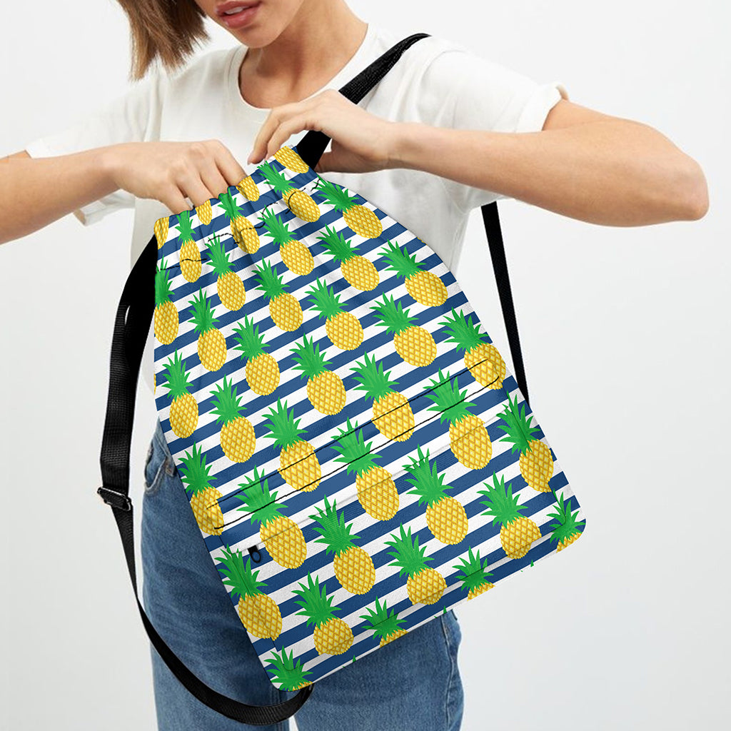 Blue Striped Pineapple Pattern Print Drawstring Backpack