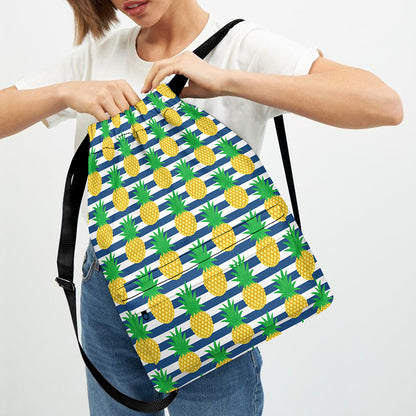 Blue Striped Pineapple Pattern Print Drawstring Backpack
