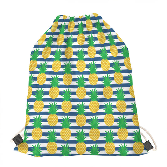 Blue Striped Pineapple Pattern Print Drawstring Bag