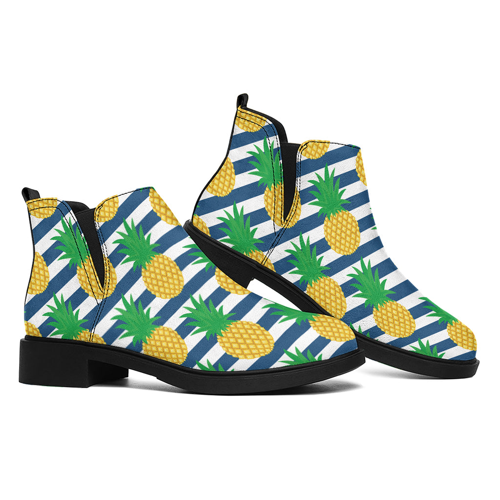 Blue Striped Pineapple Pattern Print Flat Ankle Boots