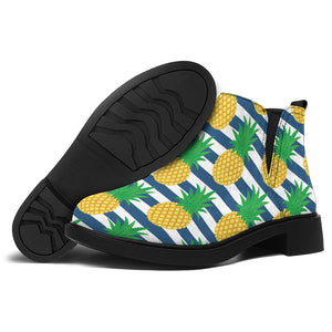 Blue Striped Pineapple Pattern Print Flat Ankle Boots