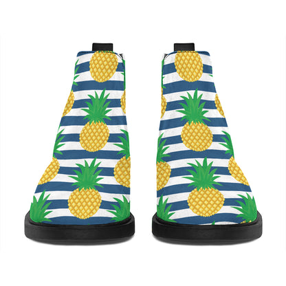 Blue Striped Pineapple Pattern Print Flat Ankle Boots