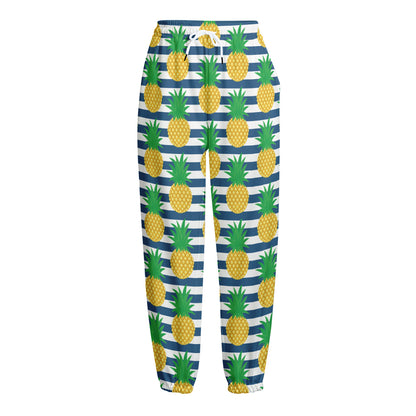Blue Striped Pineapple Pattern Print Fleece Lined Knit Pants