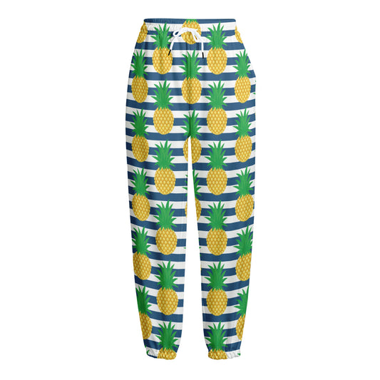 Blue Striped Pineapple Pattern Print Fleece Lined Knit Pants