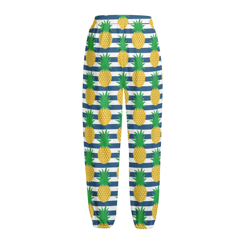 Blue Striped Pineapple Pattern Print Fleece Lined Knit Pants