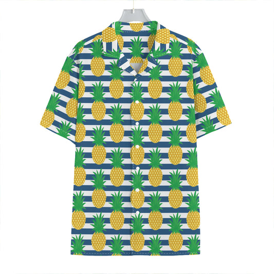 Blue Striped Pineapple Pattern Print Hawaiian Shirt