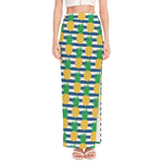 Blue Striped Pineapple Pattern Print High Slit Maxi Skirt